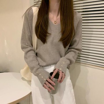 秋裝V領套頭寬松百搭長袖針織衫