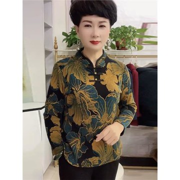 冬季新款旗袍上衣中老年媽媽立領加絨碎花打底衫長袖套頭德絨上衣