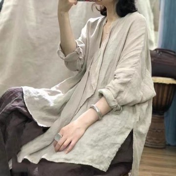 不規則設計感亞麻襯衫女春秋女裝2025新款中長款V領顯瘦棉麻外套