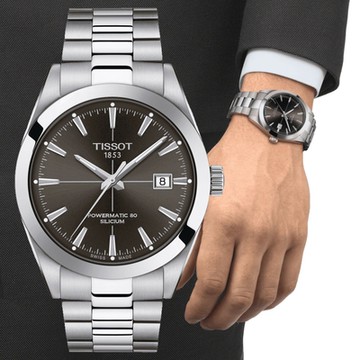 TISSOT天梭 官方授權 GENTLEMAN 經典矽游絲機械腕錶-灰 聖誕節 禮物 送禮 40mm/T1274071106101
