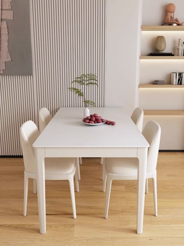 網紅白色奶油風實木巖板餐桌現代簡約家用小戶型長方形餐桌椅組合