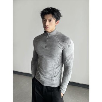 DAYNY肌理提花無縫科技訓練長袖健身運動休閑立領半拉鏈緊身衣t恤