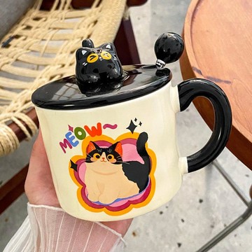 馬克杯高顏值杯子情侶水杯可愛卡通黑貓帶蓋陶瓷 女生宿舍居家飲品 萌趣造型 餐桌書桌百搭裝飾兼實用馬克杯 飲料 可愛馬克杯