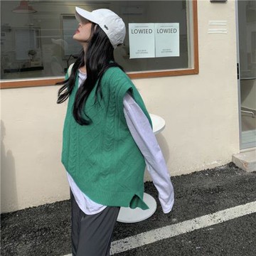 胖MM大碼 v領馬甲背心復古學院慵懶風寬松內搭襯衫針織毛衣套裝女