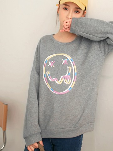 保暖內磨毛配色笑臉印花長袖衛衣大學T上衣