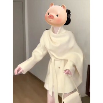 (免運)富家千金感溫柔收腰毛呢外套女冬季披肩圍巾領今年流行的漂亮大衣