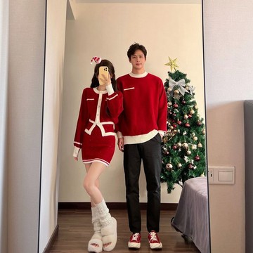 聖誕衣服 情侶裝 上衣 新年戰袍情侶裝冬季紅色聖誕套裝毛衣針織短裙顯瘦兩件套你衣我裙