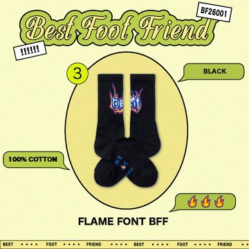 BEST FOOT FRIEND BF26001-BK FLAME FONT 火焰字體 BFF 中筒襪 / 小腿襪 (黑色)