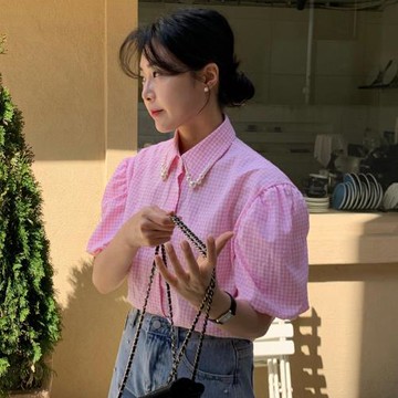 韓國東大門格子襯衫女裝夏季法式氣質珍珠點綴翻領短袖寬松襯衣