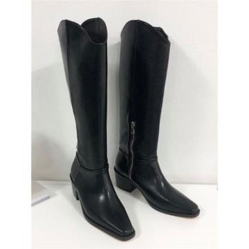 韓國長靴英倫機車直筒西部靴高筒馬丁靴側拉鏈粗跟ins簡約小方頭