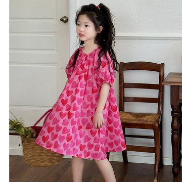 Wawama - 純棉圓領小澎袖洋裝-愛心-桃粉色