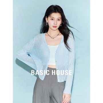 (免運)Basic House/百家好純色V領針織衫女春夏新款小個子長袖遮陽開衫