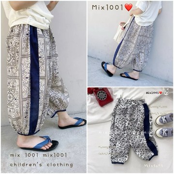 🌈✨mix1001 挺版‼️薄 拼色 圖騰草履蟲印花寬褲 ✨兒童滿版花紋休閒8分褲5-17