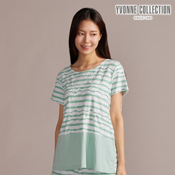 YVONNE 以旺傢飾 凸條提花拼接短袖上衣-薄荷綠