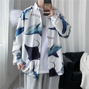 春秋韓版襯衫男長袖 潮流個性 圖案網紅男士襯衫