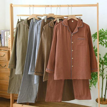 新款男士純棉雙層紗長袖長褲套裝家居服睡衣寬松大碼薄款休閑簡約鑫弘-衣錦男裝