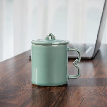 陶瓷茶杯青瓷客用泡茶招待杯子天青釉如意辦公杯帶蓋純色中式水杯