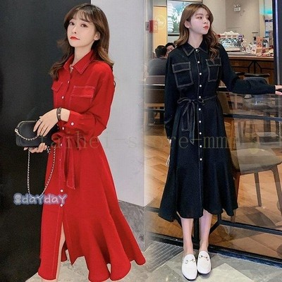 ワンピース レディース 40代ワンピース 秋冬新作 長袖ワンピース きれいめ シャツワンピース 黒 フレアスカート オシャレ 通勤 大人大きいサイズ 着痩せ 30代 通販 Lineポイント最大get Lineショッピング