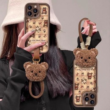 碎花小熊適用蘋果16promax手機殼帶掛繩女新款iPhone15pro秋冬可愛plus高級感全包13防摔12小羊皮11趣味xs潮