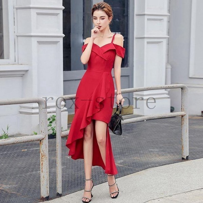 赤ワンピースドレス結婚式二次会お呼ばれキャミワンピースオフショルダーフレアフリル不規則無地お洒落ワンピース夏代30代大人 通販 Lineポイント最大0 5 Get Lineショッピング