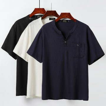 現貨+預購 新中式棉麻上衣棉麻襯衫T恤透氣日系亞麻休閒男裝-中國風V領3色74lk36【獨家進口】【米蘭精品】