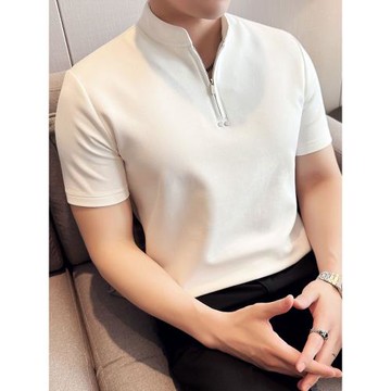 立領半拉鏈男士短袖Polo衫夏季新款高端鉚釘裝飾時尚潮流休閑t恤