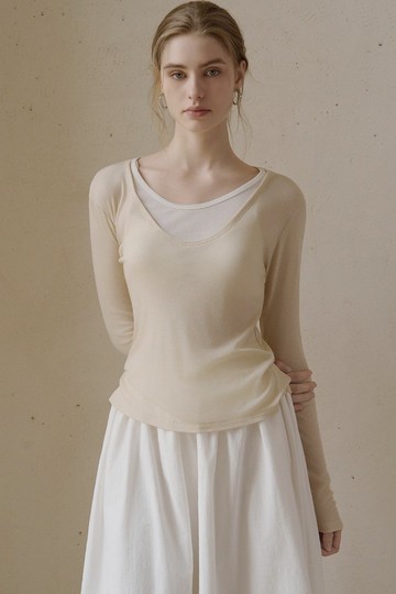 法式復古 萊賽爾真絲混紡長袖針織T恤