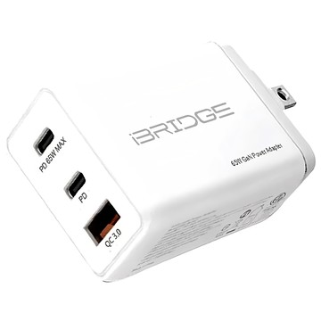 iBRIDGE GaN氮化鎵 65W 3孔快速充電器 PD65W QC30W 迷你USB充電器 90度折疊插頭設計  IBC003  1個