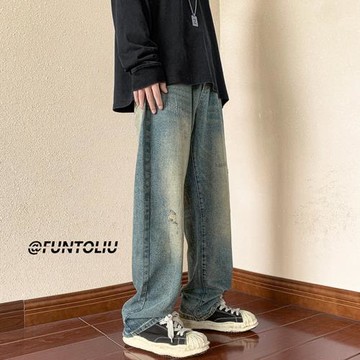 牛仔褲男春秋薄款直筒休閑褲美式復古高街褲寬松垂感闊腿褲男褲潮