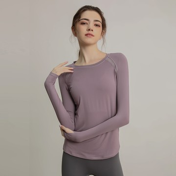 【OLRUN】健身瑜珈跑步網紗拼接女子長袖上衣 藕荷色