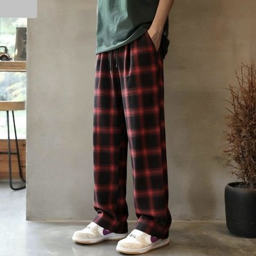 【臺灣出貨】格子藍色褲子休閒筒褲男女新款直筒復古潮流寬鬆薄款長褲休閒褲長褲男直筒運動長褲夏季褲子男