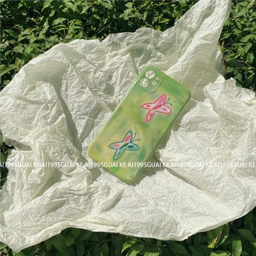 1995怪殼愛原創設計蝴蝶涂鴉小眾藝術個性手繪油畫imd手機殼可愛韓風綠色軟殼色彩感iPhone1314全包防摔保護