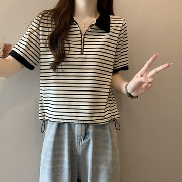 台灣出貨 300斤大碼女裝polo領洋氣小衫短袖t恤夏季胖mm半拉鍊抽繩條紋上衣 polo衫短袖女 大碼女裝 短袖t恤