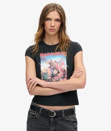 Superdry Women's Women's Women's Classic Iron Maiden Cap Sleeve T-shirt, Black, Blue and Red, Size: 12 Size: 8