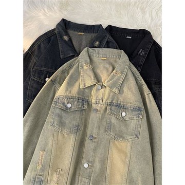 美式破洞牛仔外套男秋季寬松水洗做舊上衣青少年休閑痞帥工裝夾克