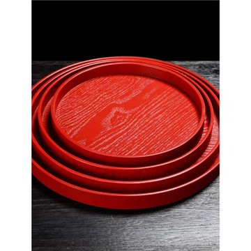 喜慶紅色圓形托盤中式婚慶敬茶盤家用放茶杯結婚零食木盤鏤空手繪