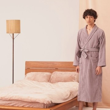 Foo Tokyo 條紋綁帶純棉/浴袍/粉藕紫/男款
