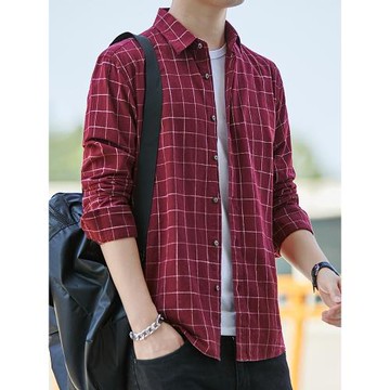 休閑百塔酒紅色長袖外穿大碼襯衣