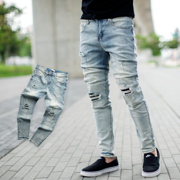 【NB1478J】韓國製淺藍刷色抽鬚破洞補丁合身版牛仔褲(LE-SC016)