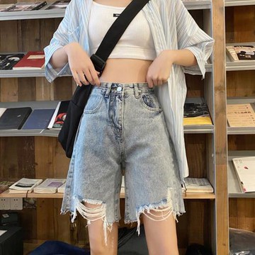 直筒牛仔短褲女春季大碼高腰梨形身材顯瘦破洞a字闊腿五分中褲子