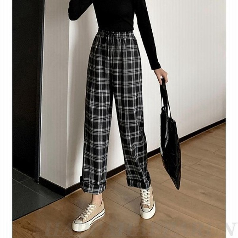 チェックパンツ ワイドパンツ レディース ボトムス ウエストゴム パンツ チェック柄 カジュアル ゆったり 春 秋 大きいサイズ 3l 黒 韓国 ファッション 通販 Lineポイント最大get Lineショッピング