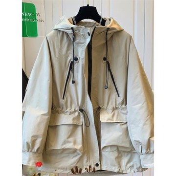 工裝風多口袋抽繩收腰夾棉加厚風衣女外套連帽寬松2024秋冬季