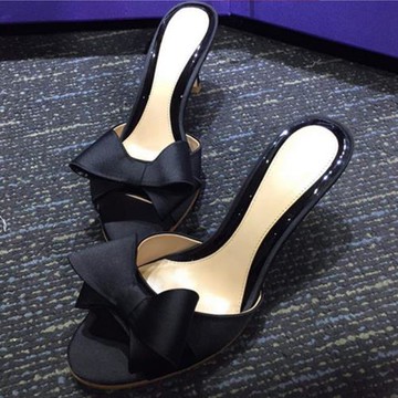 2025夏季新款涼鞋蝴蝶結拖鞋魚嘴綢緞細跟高跟涼拖鞋女