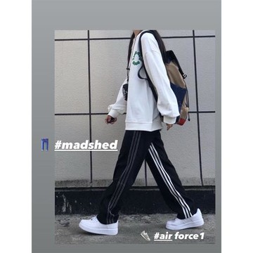 條紋休閑長褲男港風潮牌寬松百搭直筒運動褲春秋新款高街復古褲子