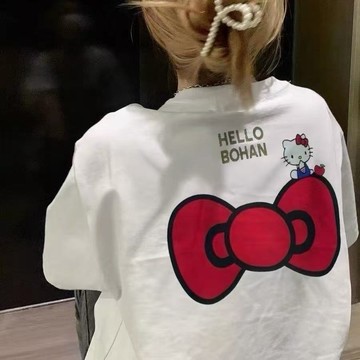 kitty短袖 卡通kitty夏季純棉白色短袖T恤寬鬆上衣 kittyT恤 可愛短袖 圓領T恤 短袖女 kitty上衣