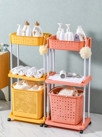 家用帶輪子多層置物架沐浴露收納盒內衣臟衣收納置物架手提臟衣籃