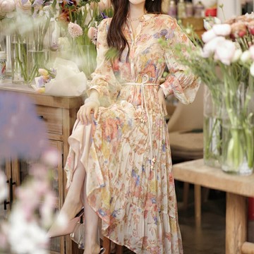 【巴黎精品】現貨+預購 洋裝連身長裙-長袖印花綁帶修身女裙子a1gp2