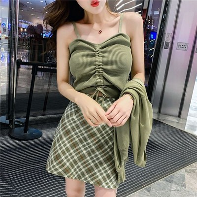 ジャージ レディース スウェット上下 春夏 3点 キャミソール カーディガン チェック柄スカート 着痩せ 通販 Lineポイント最大get Lineショッピング