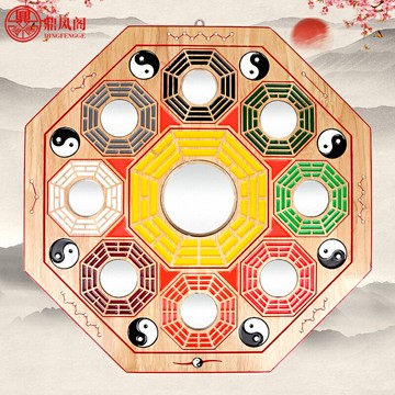 桃木七星彩繪九宮八卦鏡凸凹面鏡家用門口招財太極陰陽平面鏡掛件