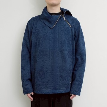 KAIKAI - Faded - 花影斜開拉鍊高領針織上衣 - 藍